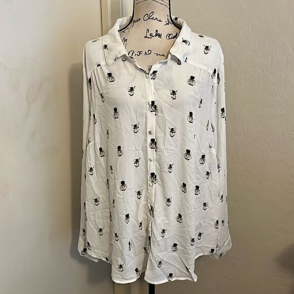 Torrid White Fox Rabbit Button Closure Semi Sheer Shirt - Picture 3 of 13